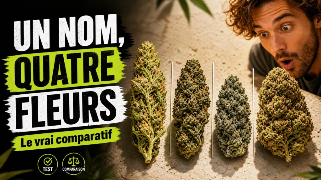 Quatre fleurs de chanvre aux formes, couleurs et textures différentes sont disposées côte à côte pour comparer ce que recouvre le nom Amnesia.
