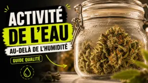 Une fleur de chanvre détaillée repose dans un bocal en verre légèrement embué, illustrant la conservation au-delà du simple taux d’humidité.