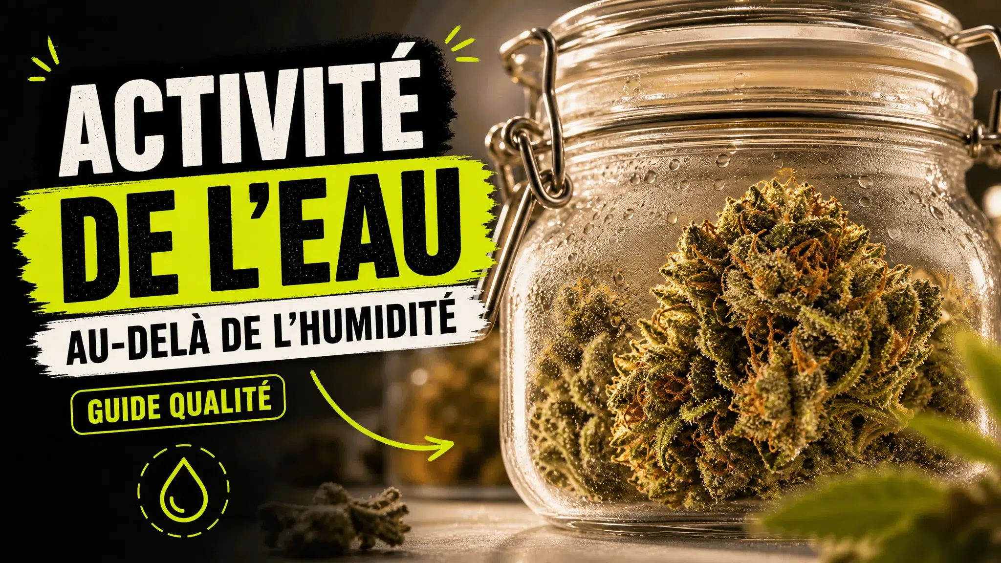 Une fleur de chanvre détaillée repose dans un bocal en verre légèrement embué, illustrant la conservation au-delà du simple taux d’humidité.