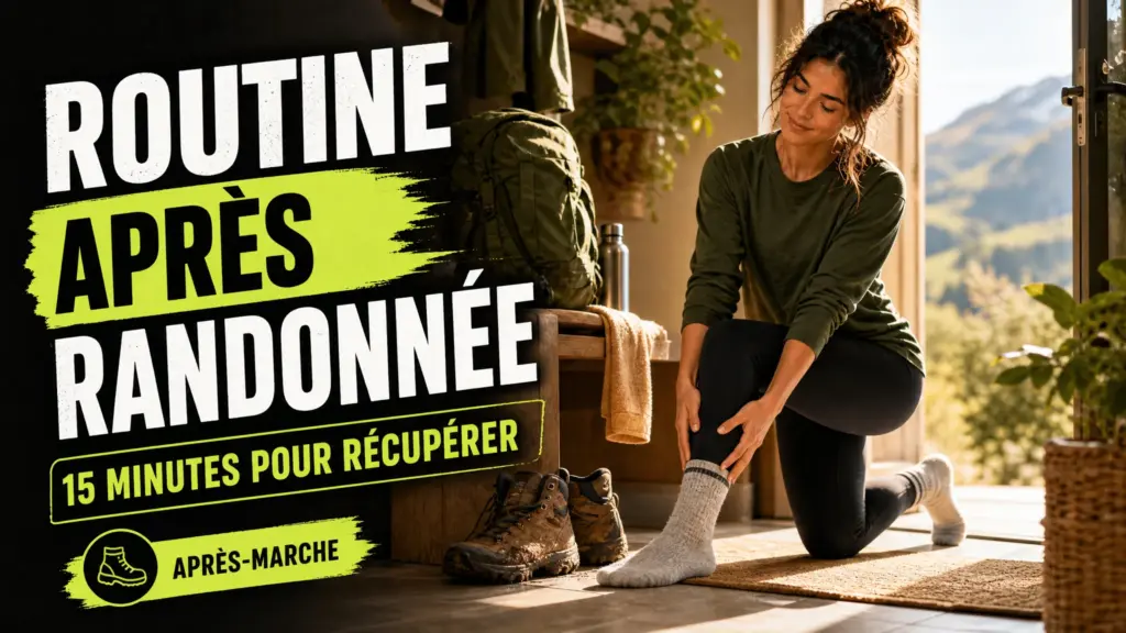 Une randonneuse effectue un étirement doux des mollets dans une entrée lumineuse, près de ses chaussures et de son sac à dos.