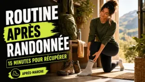 Une randonneuse effectue un étirement doux des mollets dans une entrée lumineuse, près de ses chaussures et de son sac à dos.