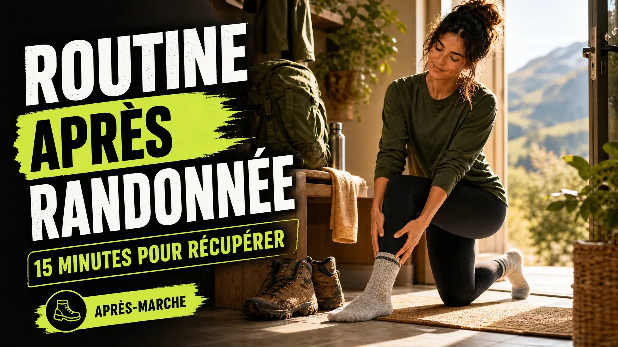 Une randonneuse effectue un étirement doux des mollets dans une entrée lumineuse, près de ses chaussures et de son sac à dos.