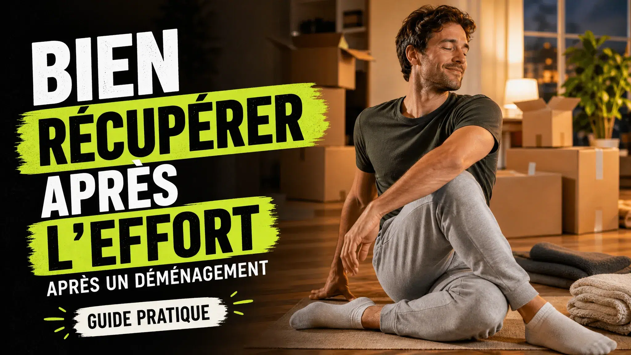 Une personne se détend en pratiquant des étirements doux dans un appartement encore rempli de cartons après un déménagement.