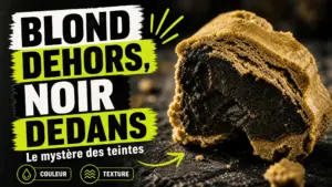 Gros plan sur un morceau de résine de chanvre blond en surface et presque noir au cœur.