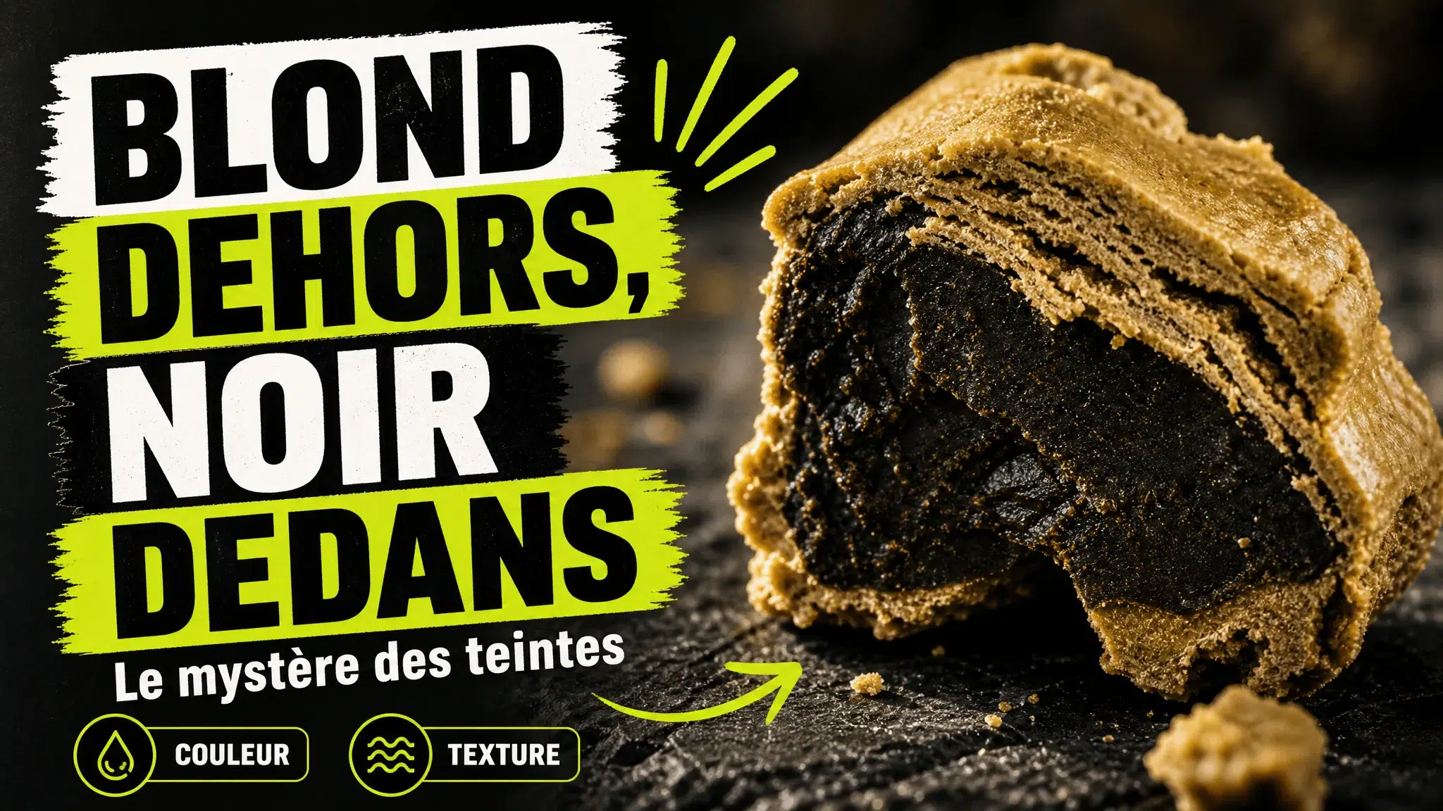Gros plan sur un morceau de résine de chanvre blond en surface et presque noir au cœur.