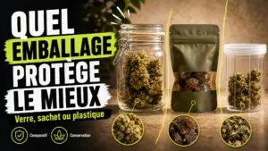 Trois contenants comparés côte à côte montrent des fleurs de chanvre et une résine conservées dans un bocal en verre, un sachet hermétique et une boîte en pl…