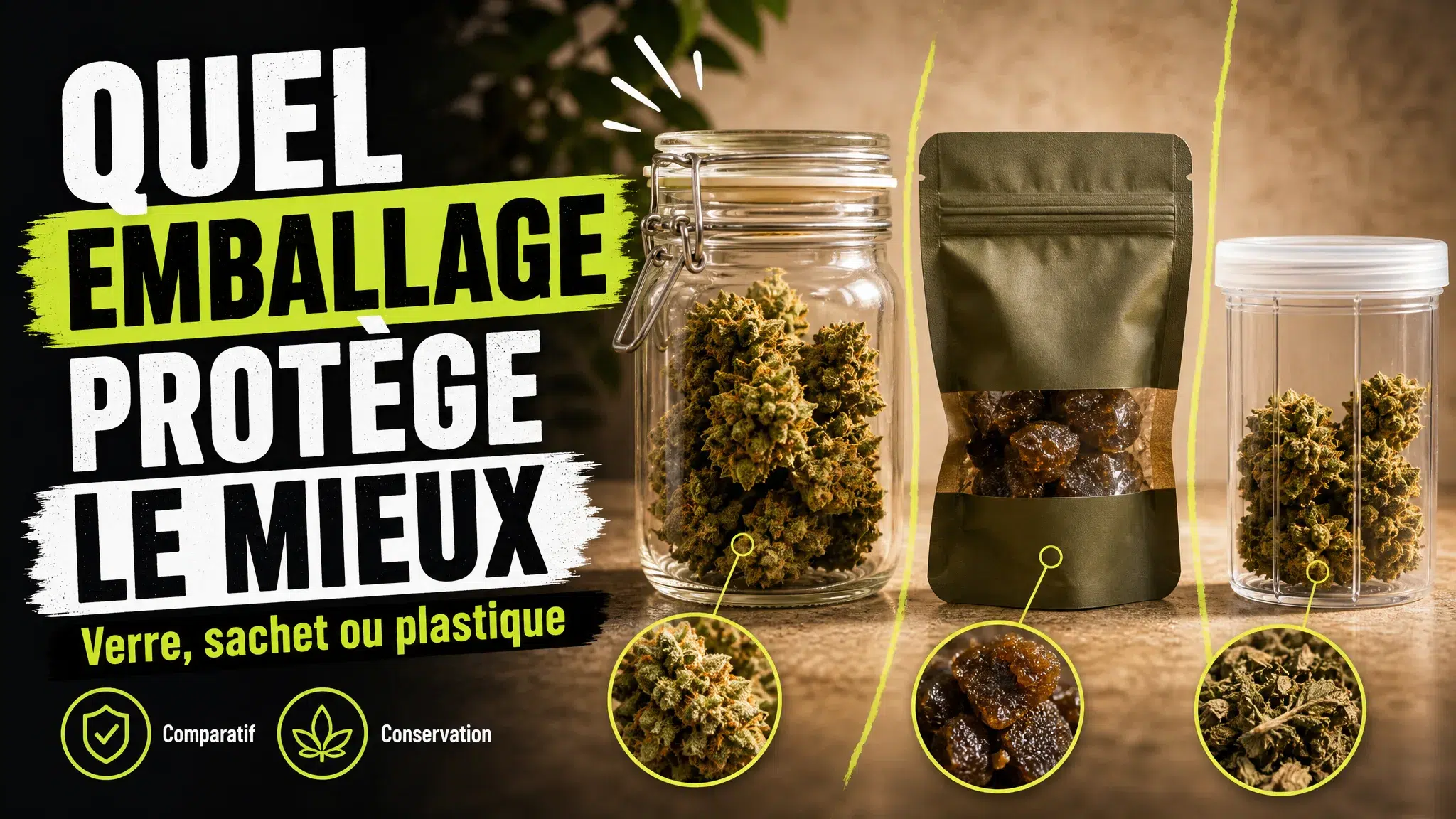 Trois contenants comparés côte à côte montrent des fleurs de chanvre et une résine conservées dans un bocal en verre, un sachet hermétique et une boîte en pl…