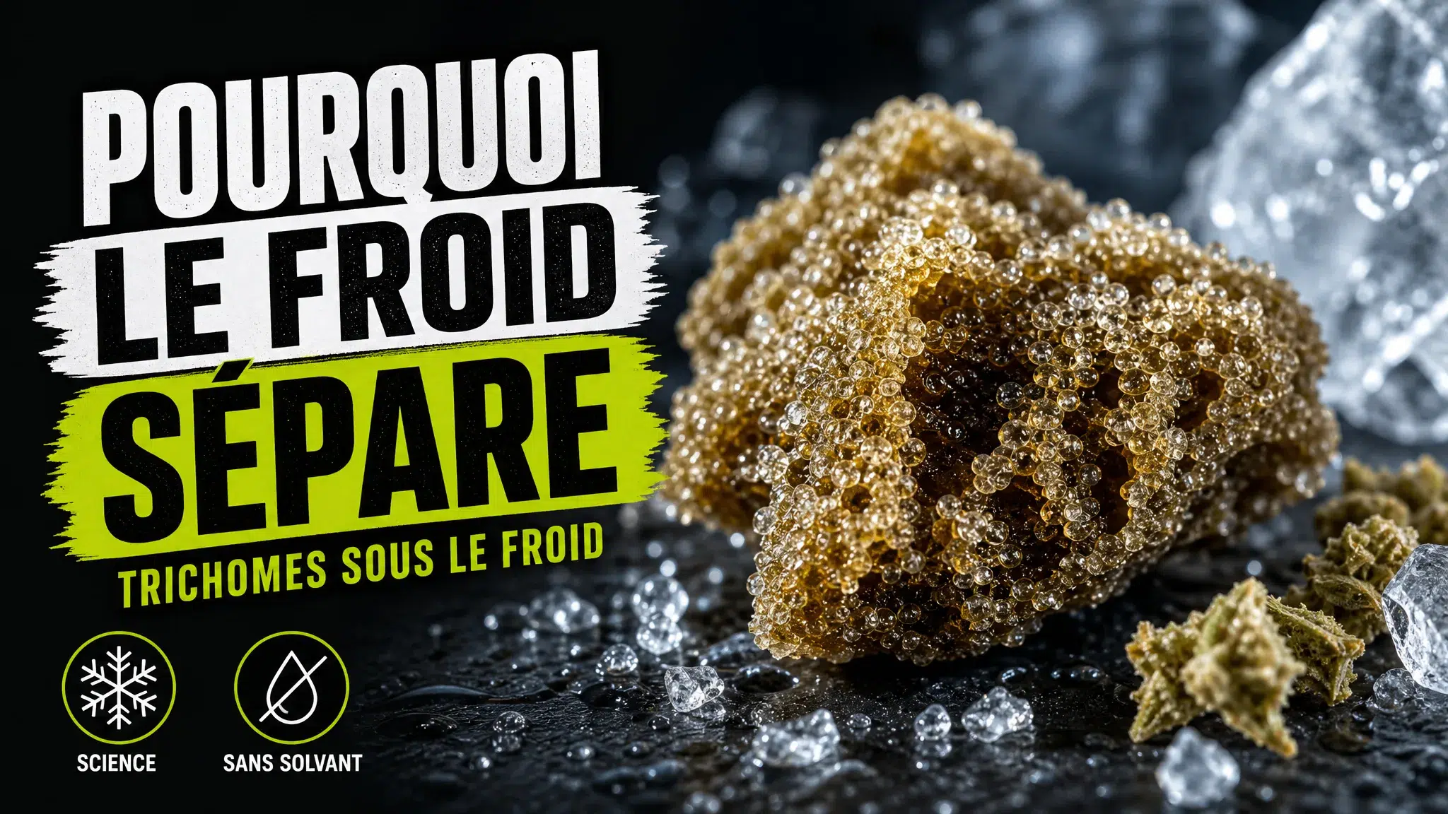 Gros plan éditorial d’un morceau de résine de chanvre ambrée, constellé de trichomes visibles et entouré de cristaux de glace translucides.
