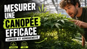 Une canopée de chanvre dense et régulière laisse filtrer la lumière jusqu’aux feuilles situées plus bas dans une serre.