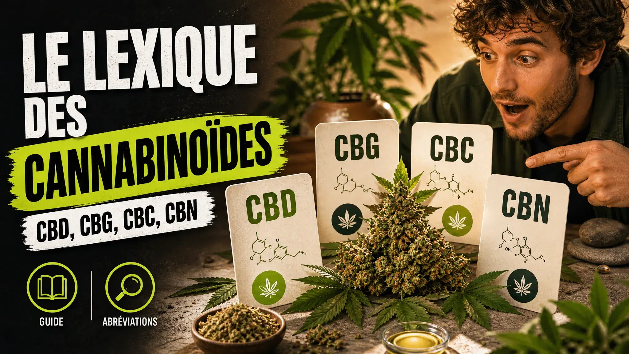 Une plante de chanvre est entourée de cartes indiquant CBD, CBG, CBC et CBN dans une composition éditoriale sobre.