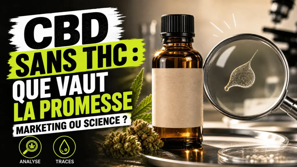 Une bouteille ambrée de CBD sans marque est placée à côté d’un fragment de chanvre et d’une loupe révélant une fine trace presque invisible.