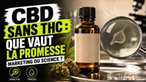 Une bouteille ambrée de CBD sans marque est placée à côté d’un fragment de chanvre et d’une loupe révélant une fine trace presque invisible.