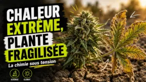 Gros plan sur une fleur de chanvre entourée de feuilles jaunies par une chaleur intense, au-dessus d’un sol sec et craquelé.