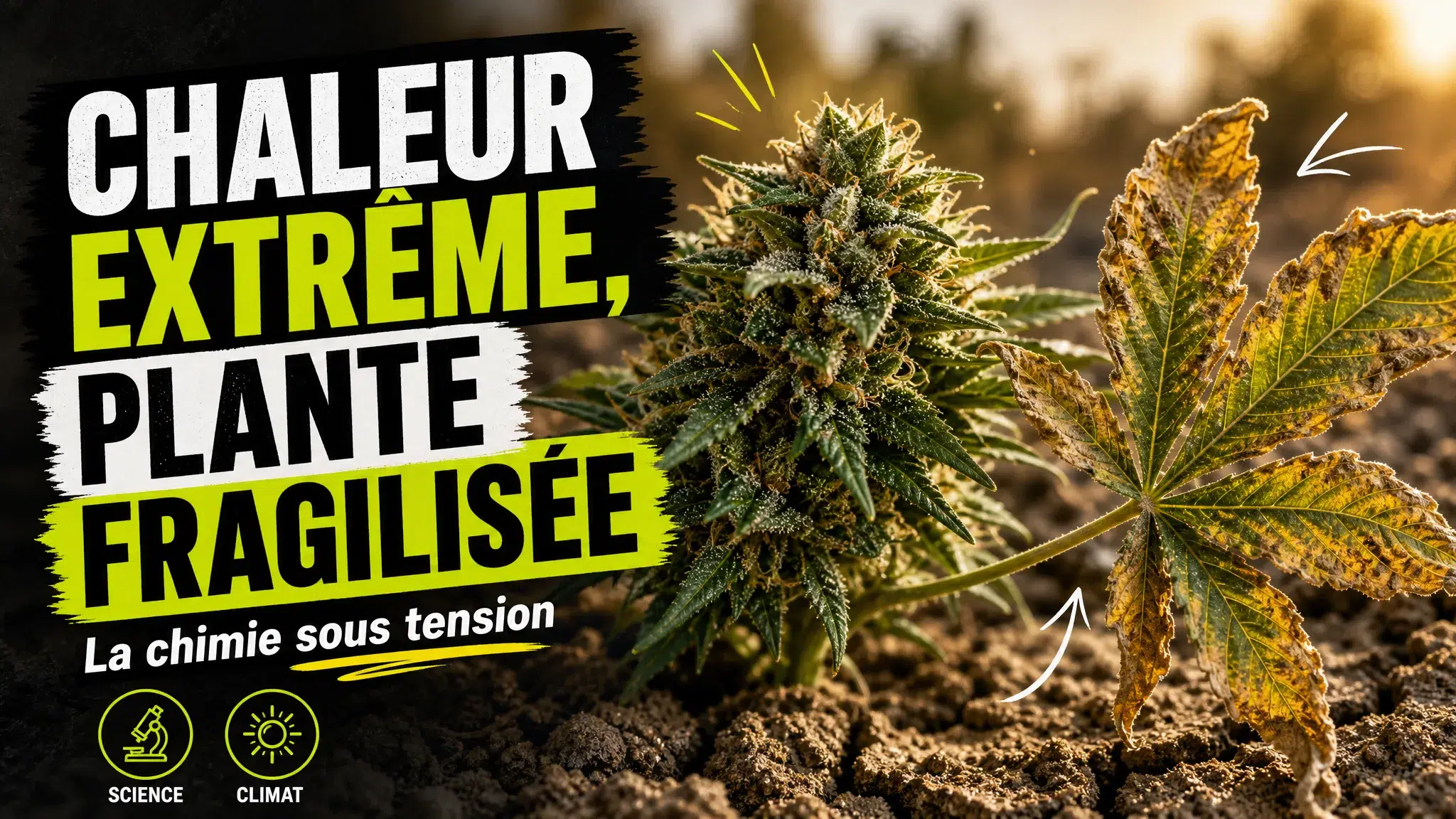 Gros plan sur une fleur de chanvre entourée de feuilles jaunies par une chaleur intense, au-dessus d’un sol sec et craquelé.
