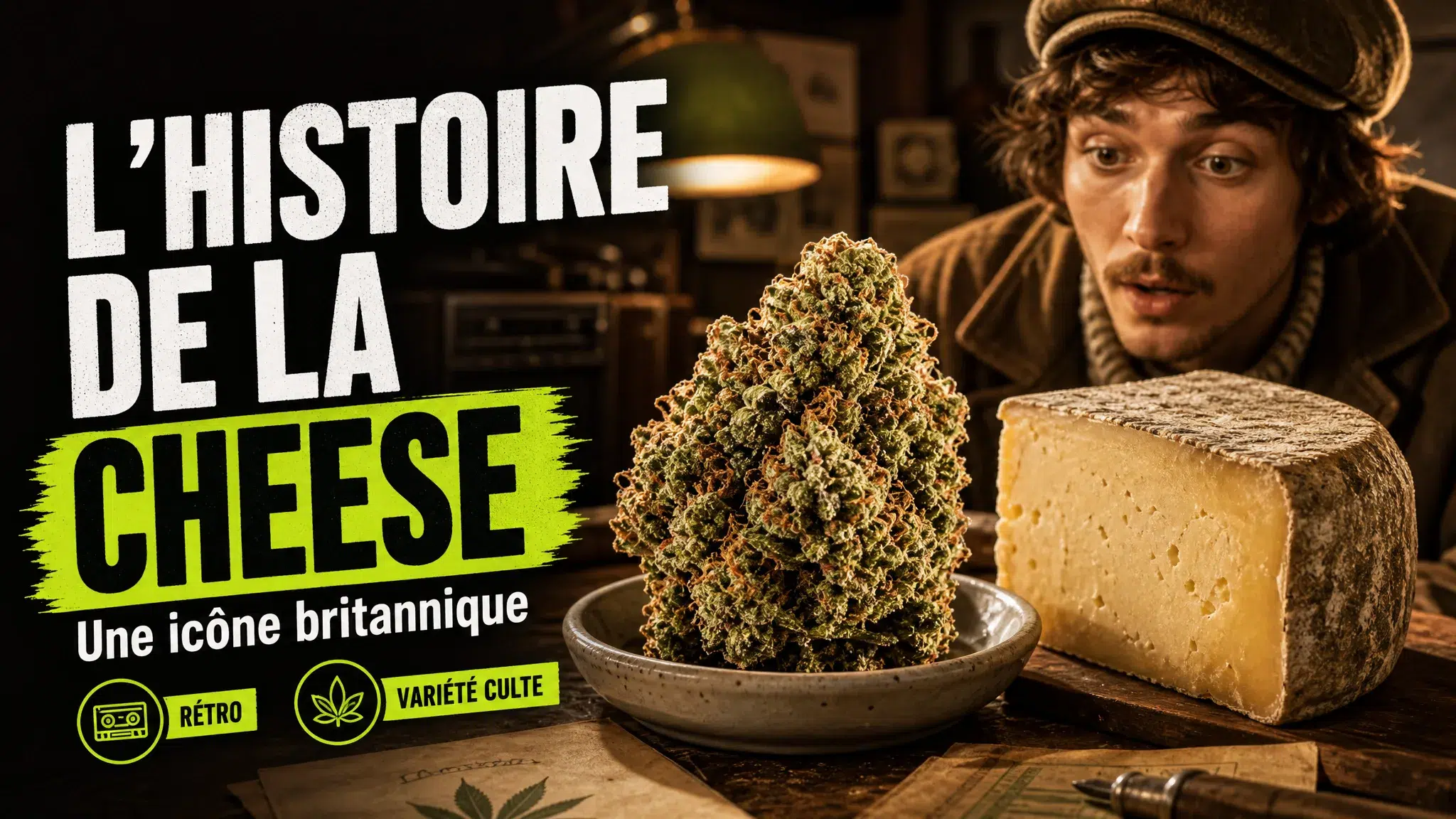 Une fleur de chanvre dense repose à côté d’un morceau de fromage affiné sur un établi en bois évoquant la Grande-Bretagne de la fin des années 1980.