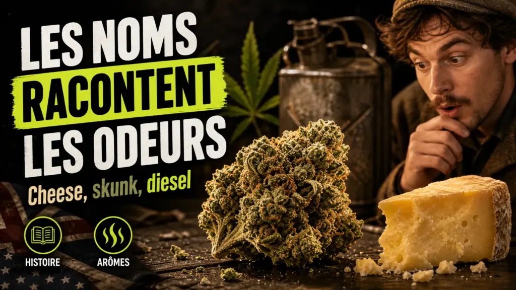 Une fleur de chanvre texturée est mise en scène avec un morceau de fromage affiné et un bidon métallique ancien pour évoquer les noms d’arômes cheese, skunk…