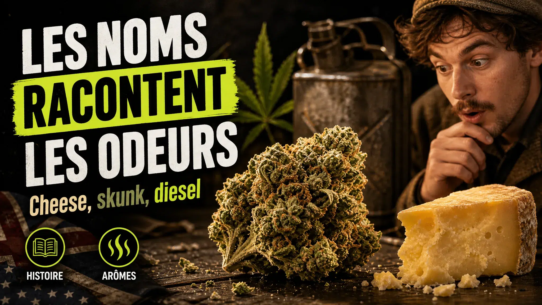 Une fleur de chanvre texturée est mise en scène avec un morceau de fromage affiné et un bidon métallique ancien pour évoquer les noms d’arômes cheese, skunk…