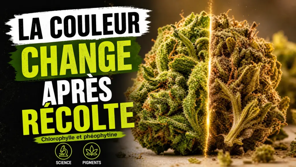 Deux fleurs de chanvre, l’une vert vif et l’autre aux teintes olive et brunes, illustrent l’évolution des pigments végétaux.