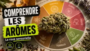 Une fleur de chanvre détaillée repose à côté d’une roue des arômes illustrée sur un fond de papier ivoire.