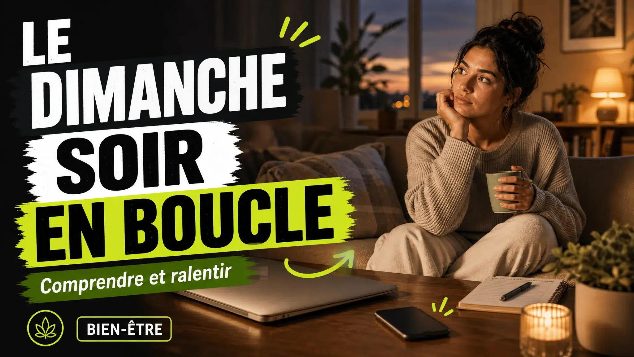 Une personne se détend chez elle le dimanche soir près d’un ordinateur fermé et d’un téléphone posé face contre table.