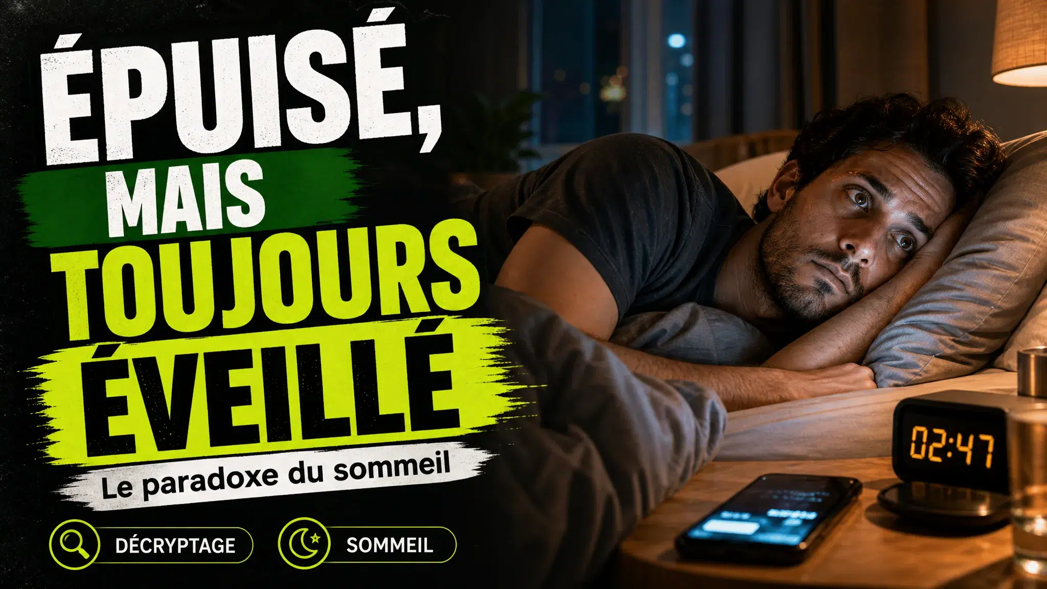 Une personne très fatiguée reste éveillée dans son lit, le visage éclairé par une faible lumière près d'une table de chevet.