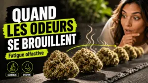 Plusieurs fleurs de chanvre sont alignées sur une surface neutre, la première nette tandis que les suivantes se fondent progressivement dans le flou.