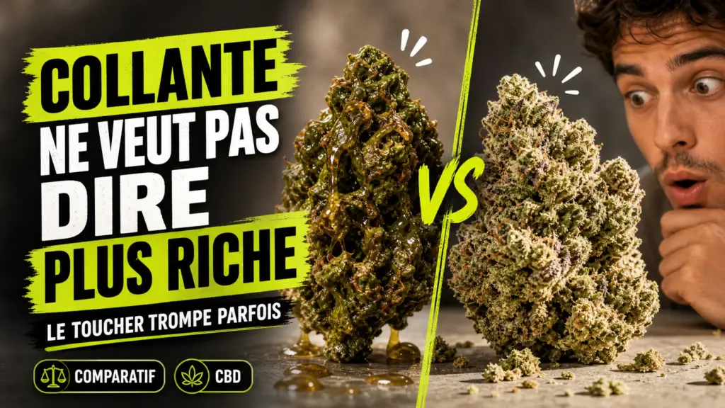 Deux fleurs de chanvre aux textures contrastées, l’une brillante et collante, l’autre plus sèche mais fortement couverte de trichomes.
