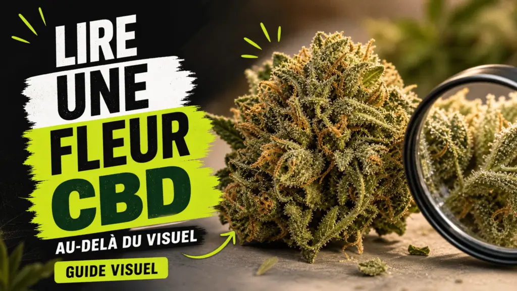 Une fleur de chanvre photographiée en très gros plan révèle ses trichomes, ses pistils et ses irrégularités naturelles.