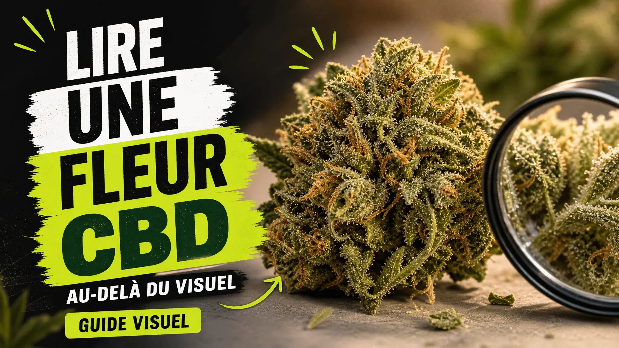 Une fleur de chanvre photographiée en très gros plan révèle ses trichomes, ses pistils et ses irrégularités naturelles.