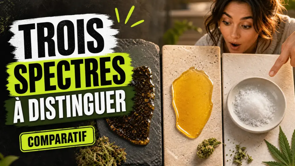 Trois extraits de chanvre aux aspects distincts sont présentés côte à côte, dont une matière ambrée, une préparation dorée et un isolat cristallin blanc.
