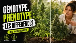 Deux plantes de chanvre issues d’une même variété présentent des tailles, des feuilles et des fleurs nettement différentes dans une serre.