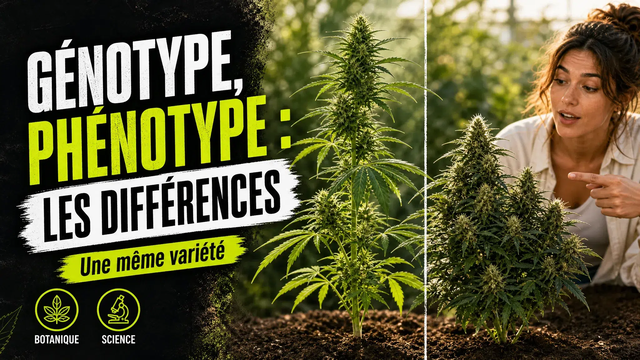 Deux plantes de chanvre issues d’une même variété présentent des tailles, des feuilles et des fleurs nettement différentes dans une serre.