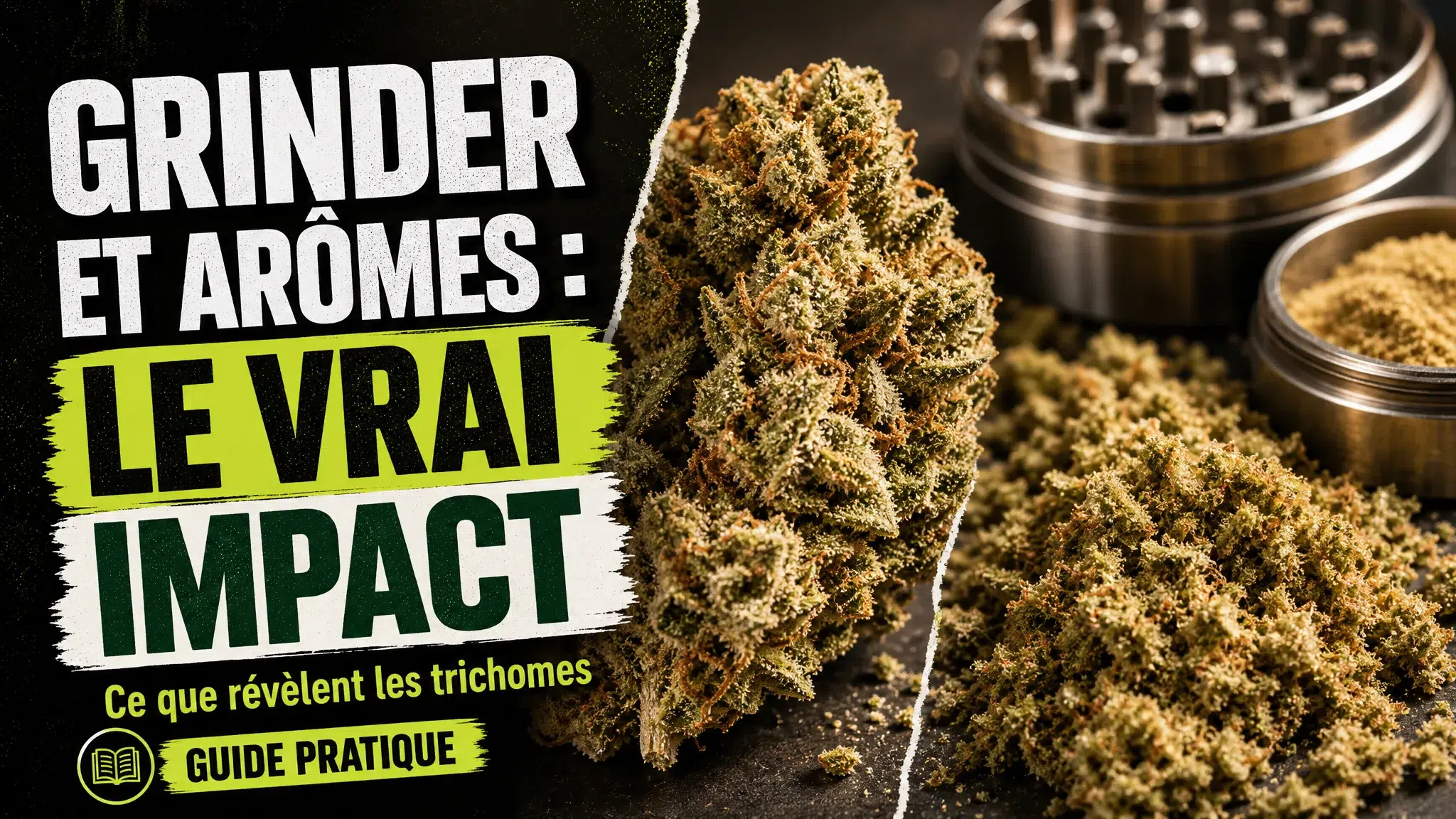 Une fleur de chanvre riche en trichomes est présentée à côté d'une mouture végétale et d'un grinder métallique ouvert.