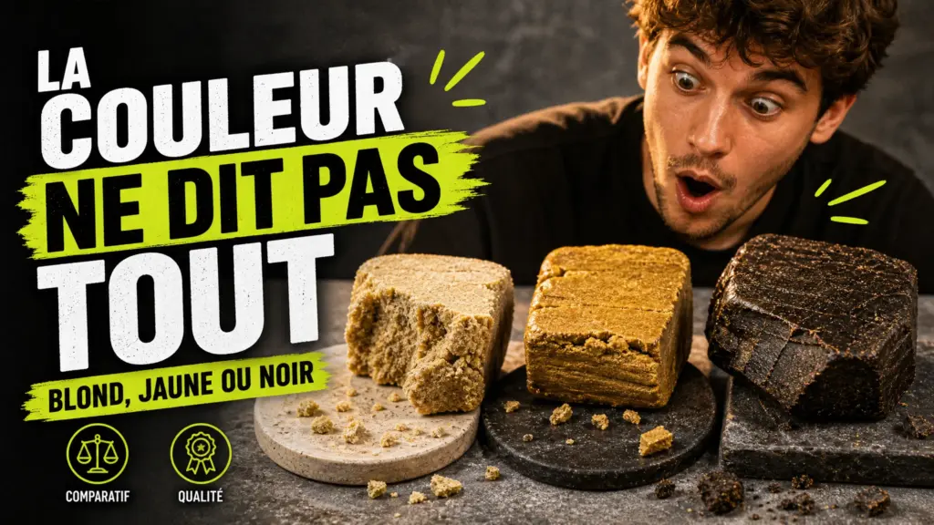 Trois morceaux de résine de chanvre blonde, jaune dorée et brune sont présentés côte à côte pour comparer leur apparence.