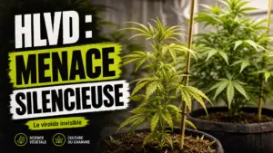 Deux plants de chanvre sont comparés dans une salle de culture, dont l’un présente une croissance plus faible et des feuilles légèrement pâles.