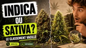 Deux formes contrastées de fleurs de chanvre sont présentées côte à côte dans une scène botanique éditoriale consacrée aux limites du classement indica et sa…