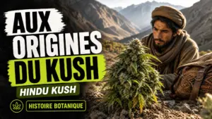 Une plante de chanvre compacte et résineuse se détache devant les reliefs escarpés de l’Hindu Kush.