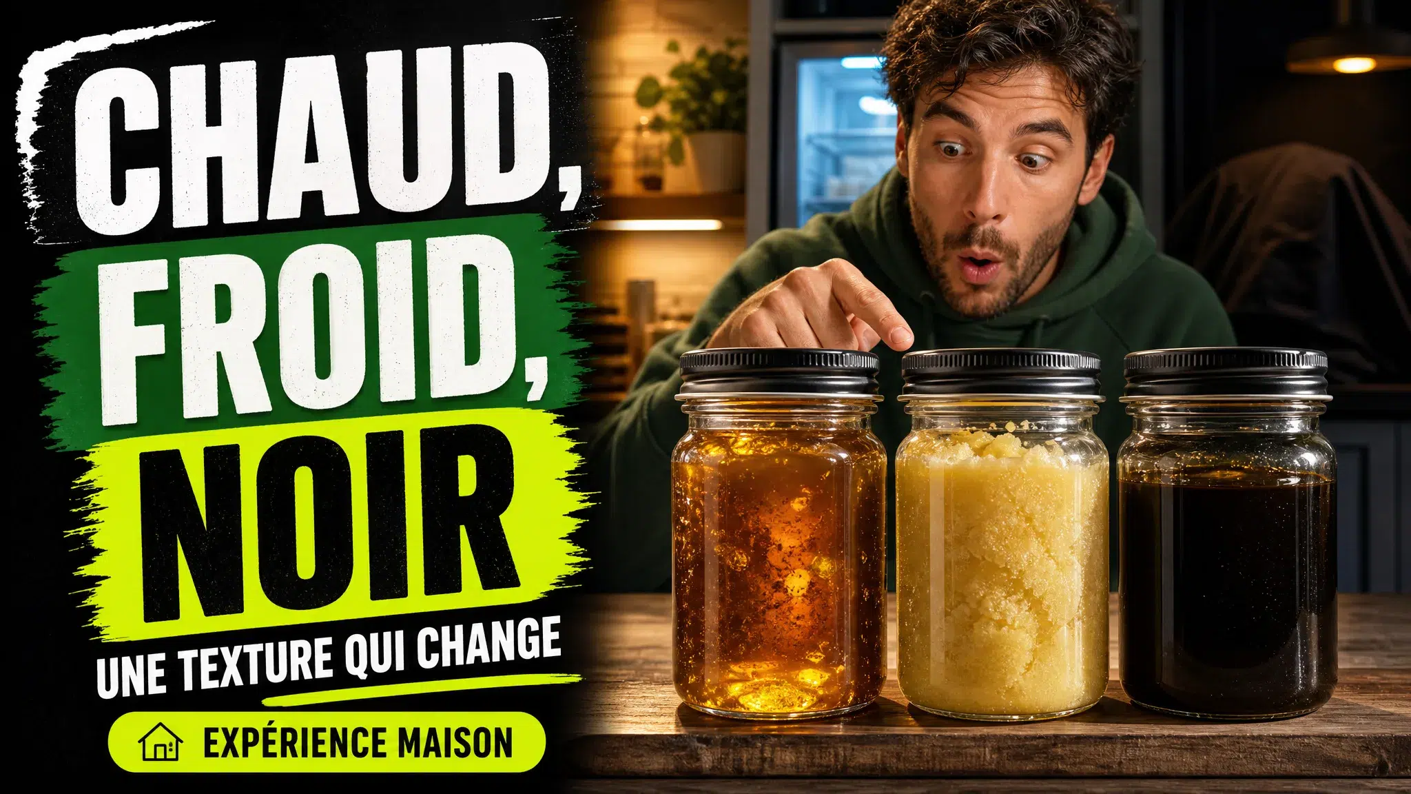 Trois pots en verre fermés présentent un même concentré aux textures différentes dans une cuisine, évoquant la chaleur, le froid et l’obscurité.