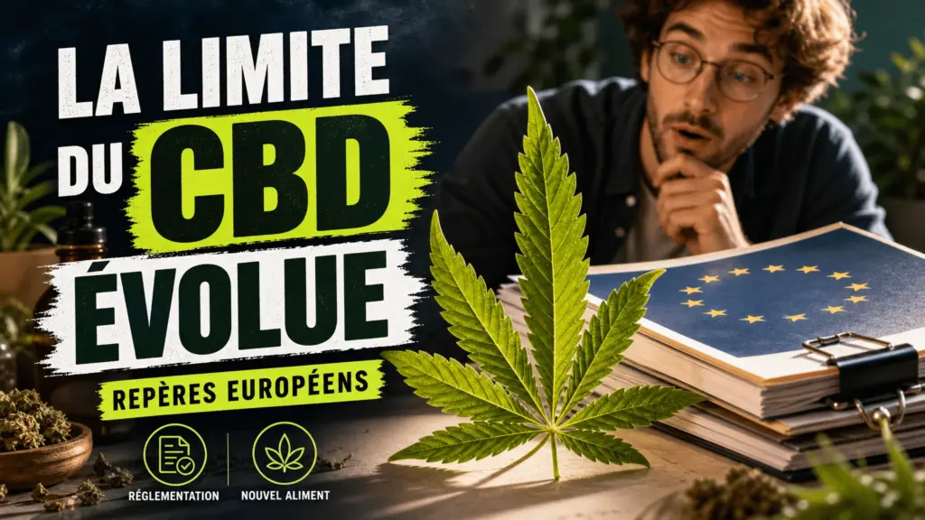 Une feuille de chanvre repose devant un dossier réglementaire aux accents bleus évoquant l’évaluation européenne du cannabidiol.