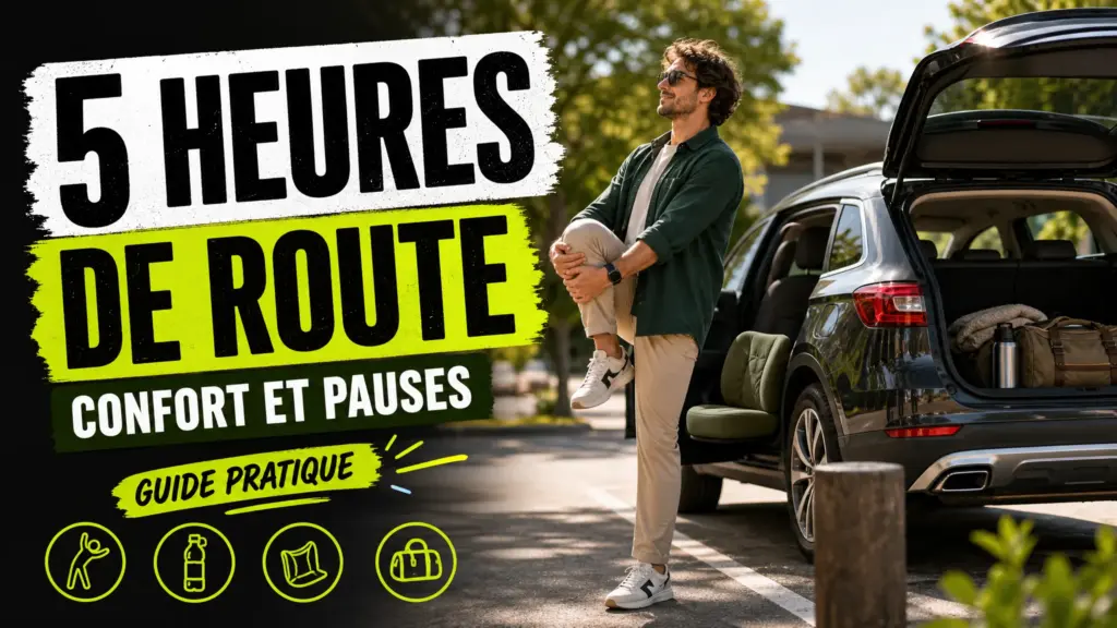Un conducteur profite d’une pause près de sa voiture pour s’étirer après un long trajet.