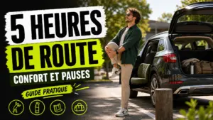 Un conducteur profite d’une pause près de sa voiture pour s’étirer après un long trajet.