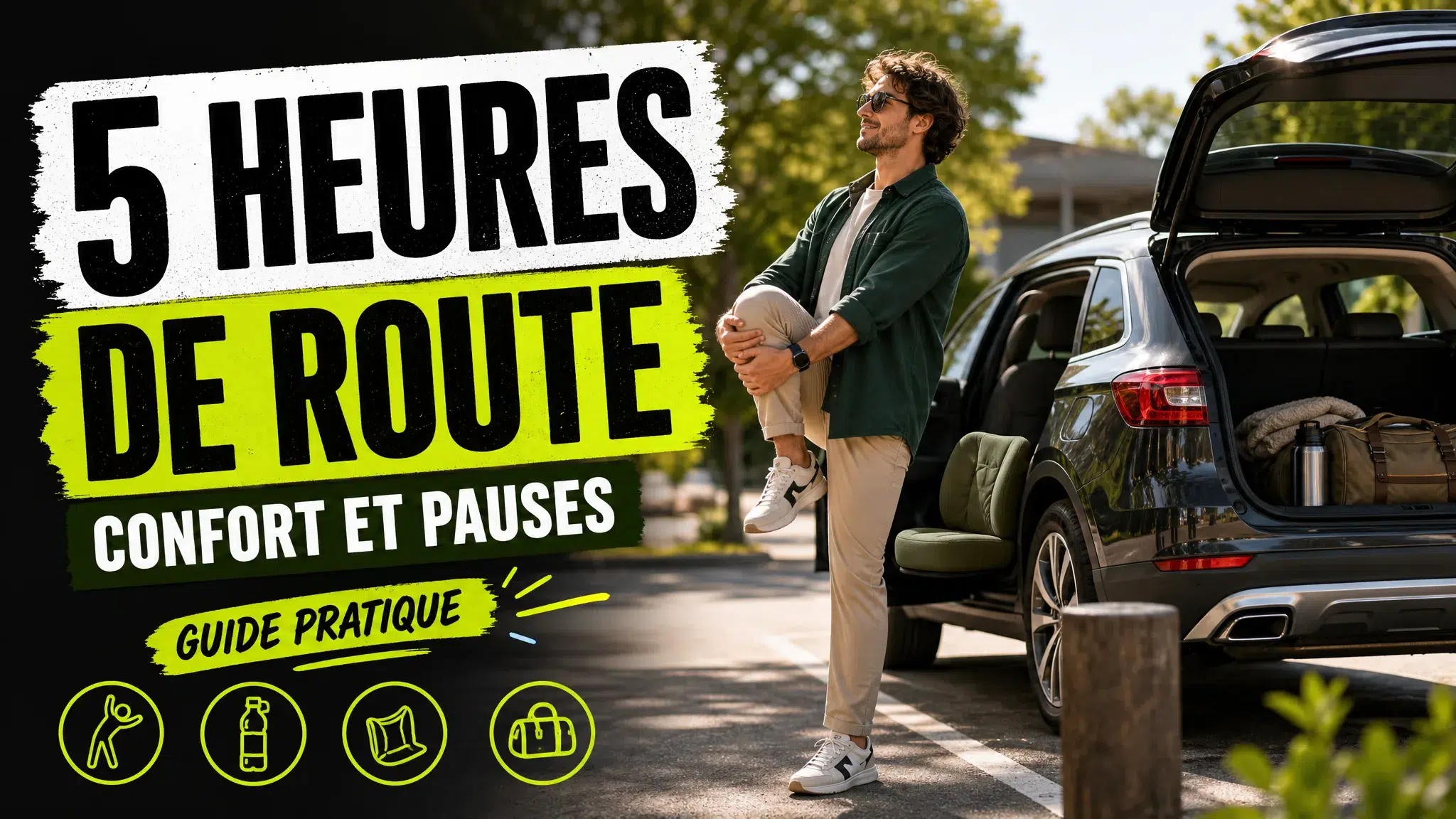 Un conducteur profite d’une pause près de sa voiture pour s’étirer après un long trajet.