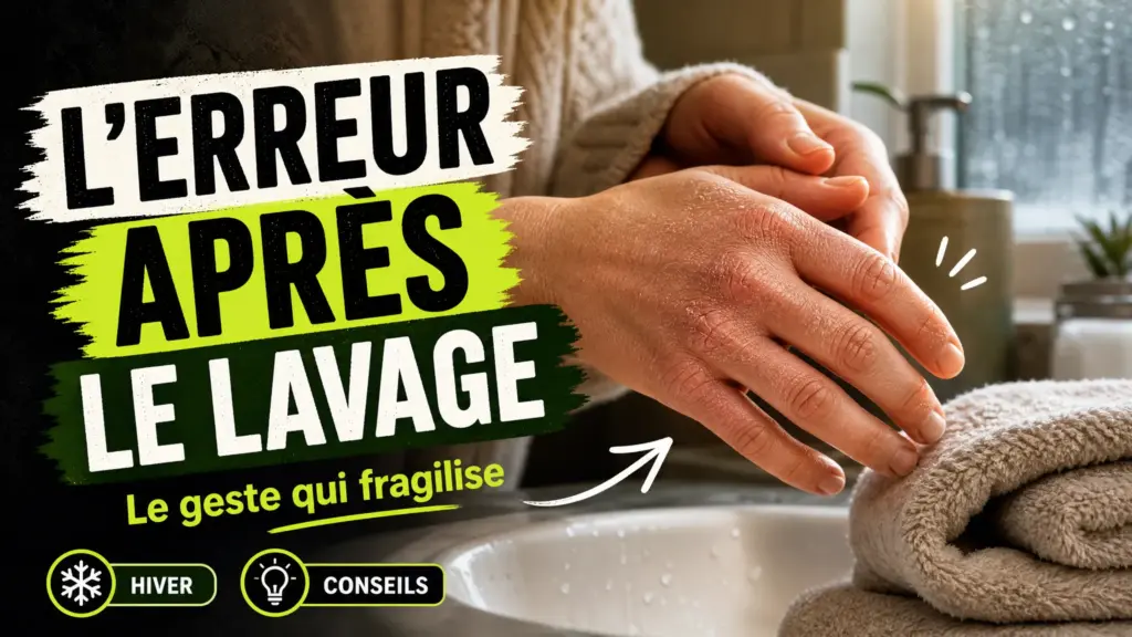 Des mains sèches et légèrement crevassées reposent près d’un lavabo et d’une serviette douce dans une salle de bains éclairée par la lumière froide de l’hiver.