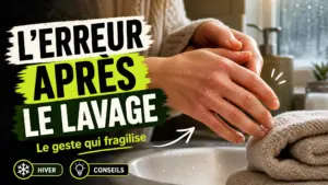 Des mains sèches et légèrement crevassées reposent près d’un lavabo et d’une serviette douce dans une salle de bains éclairée par la lumière froide de l’hiver.