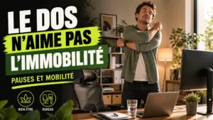 Une personne se lève près de son bureau pour mobiliser doucement son dos, tandis qu’une chaise reste vide à côté de l’écran.