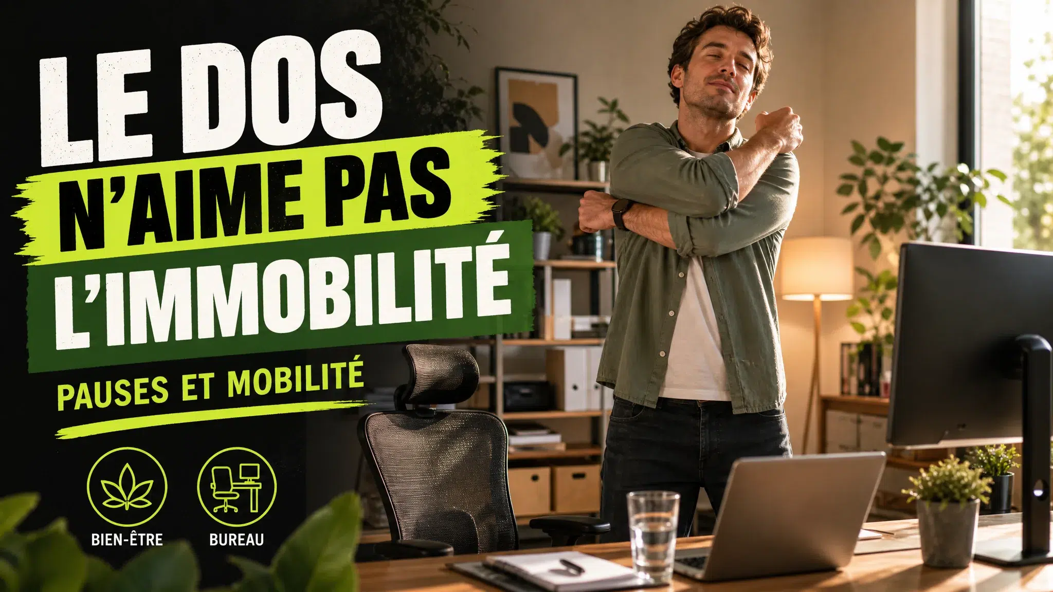 Une personne se lève près de son bureau pour mobiliser doucement son dos, tandis qu’une chaise reste vide à côté de l’écran.