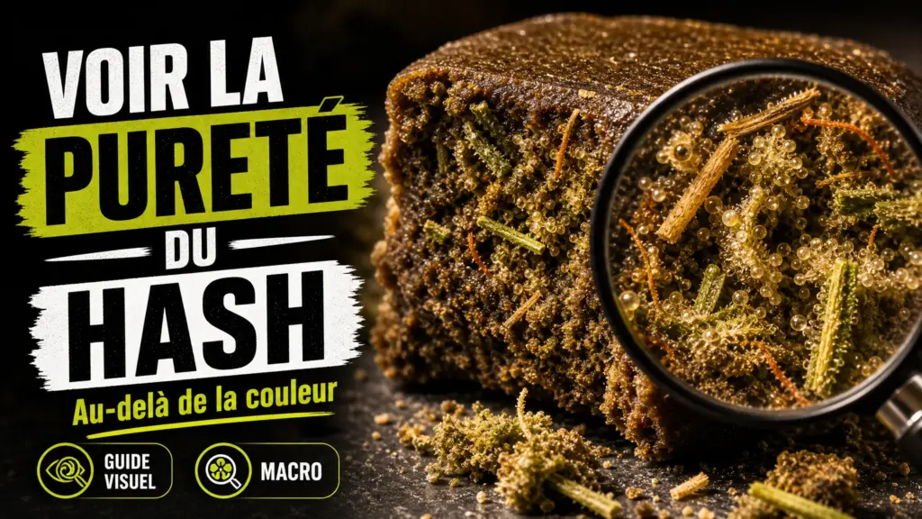 Un échantillon de hash brun ambré observé en macro révèle des trichomes ronds mêlés à de fines fibres végétales et quelques pistils orangés.