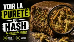Un échantillon de hash brun ambré observé en macro révèle des trichomes ronds mêlés à de fines fibres végétales et quelques pistils orangés.