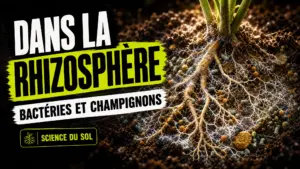 Gros plan scientifique sur des racines de chanvre parcourues de fins filaments mycorhiziens dans un sol riche en matière organique.