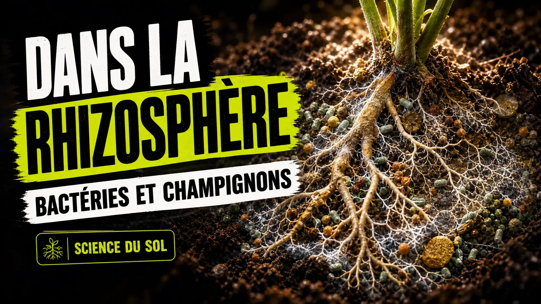 Gros plan scientifique sur des racines de chanvre parcourues de fins filaments mycorhiziens dans un sol riche en matière organique.